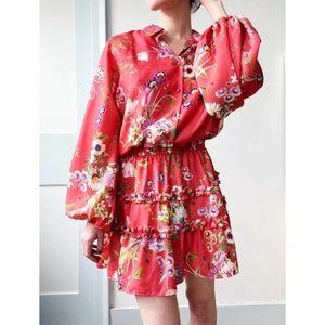 Alexis Loe Floral Ruffle Long Puff Sleeve Ruffle Mini Dress Red Orange XS